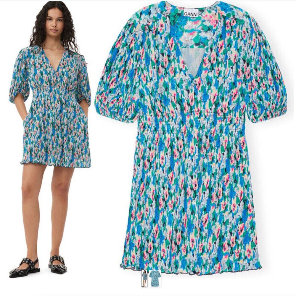 Ganni Pleated Georgette V-neck Mini Dress - Size 36 (Small 4) NWT